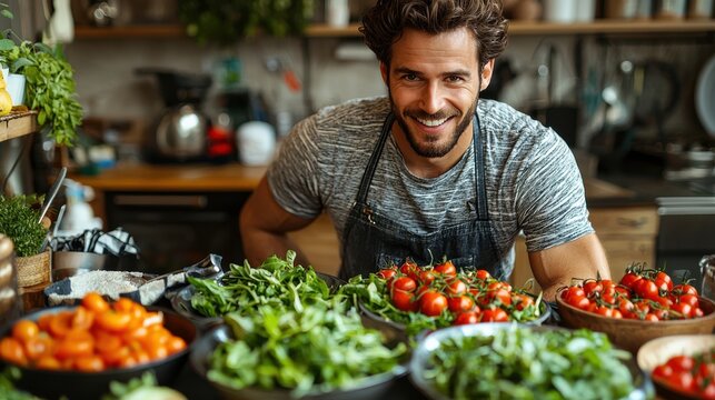 A smiling man prepares fresh vegetables at a bustling market stall surrounded by ripe tomatoes and vibrant greens