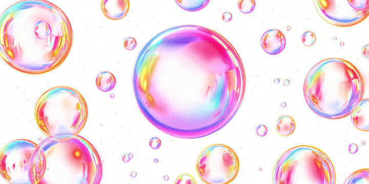 Many White soap bubbles float in air pattern on transparent cutout background, PNG file. Mockup clipart template
