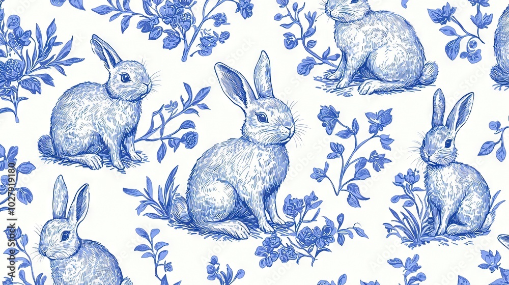 Canvas Prints   Blue-and-white wallpaper featuring rabbits among blue flowers and white leaves