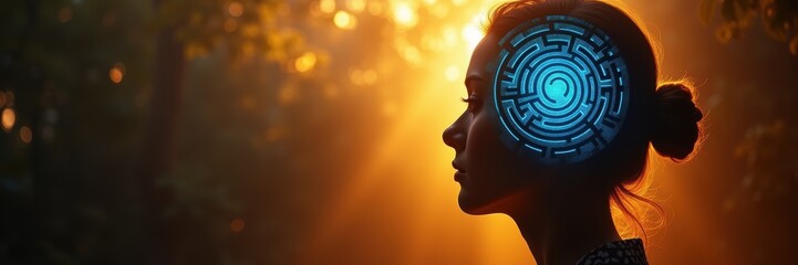 A contemplative woman in a forest, her silhouette illuminated by sunlight, featuring a digital maze within her mind, symbolizing creativity and innovation.