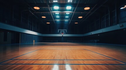 An empty indoor basketball court with a clear view of the hoop, marked flooring, and bright ceiling lights