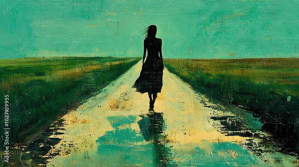 Poster   A woman walks on a dirt road amidst a field, surrounded by a lush green sky