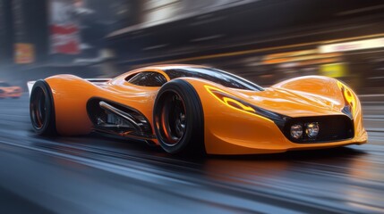 Futuristic Orange Sports Car Racing at Night