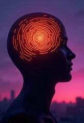 Explore the intersection of technology and consciousness with this stylized depiction of a human head, featuring an intricate glowing brain pattern that symbolizes innovation.
