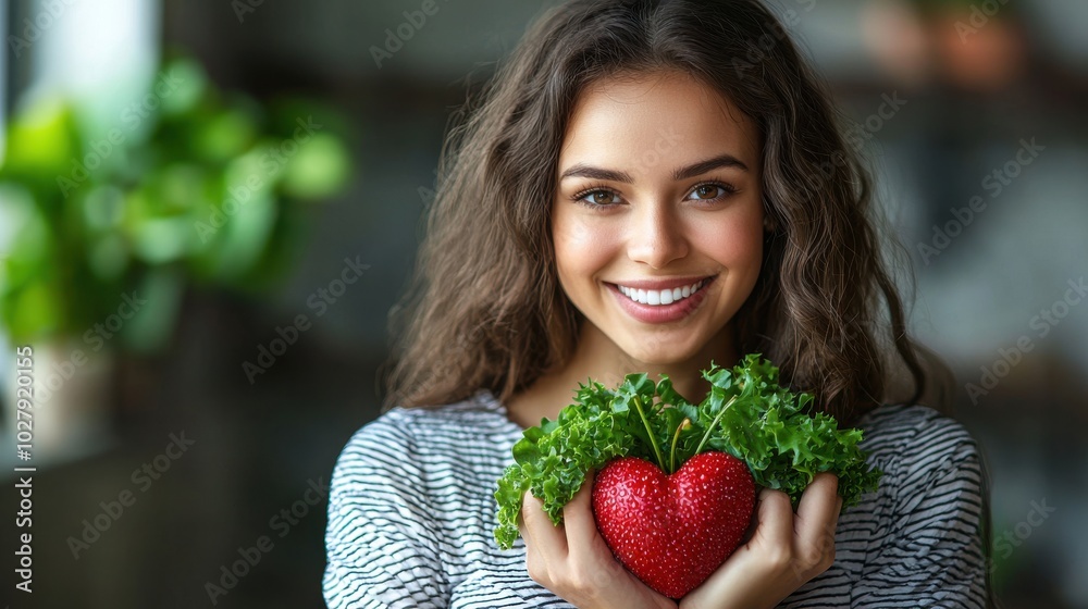 Wall mural young woman smiling while holding a heart-shaped red strawberry and fresh greens indoors during dayl