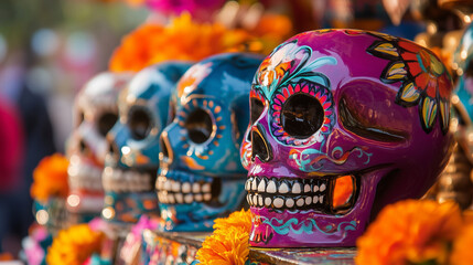 An intricate display of sugar skulls in various bright colors, placed on an altar. Day of the Dead, skull