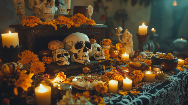 An altar filled with favorite foods and drinks of the deceased, alongside candles and skulls. Day of the Dead, skull