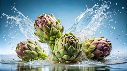 Obraz premium Explosive Water Splash with Fresh Artichokes on Bright Background Surreal Detail