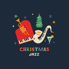 Christmas holiday Jazz fancy vector icon. Saxophone, trumpet, piano cartoon design element. Jazz music club x-mas holidays invitation template. Christmas party live music event background illustration