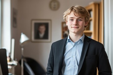 Fototapeta premium A young man wearing a suit jacket smiles while posing in a cozy living room with personal touches and natural light