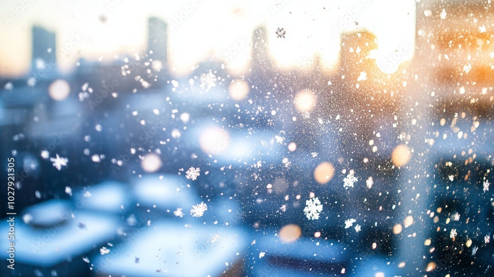 Poster frosted city window with snowflakes and bokeh lights creating a cozy winter and christmas atmosphere