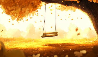 Tranquil Autumn Scene with a Swing Hanging from a Tree Branch, Surrounded by Falling Leaves and Yellow Grass 