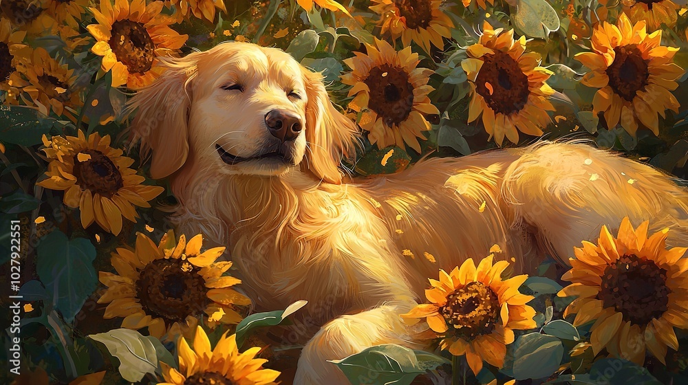 Wall mural   Golden retriever lays in field of sunflowers with head resting on paw