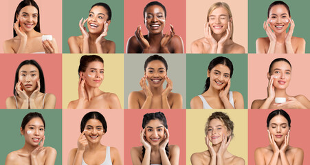 A vibrant collage showcases women of various backgrounds applying skincare products with joy, highlighting their beauty and unique routines in a colorful studio environment.