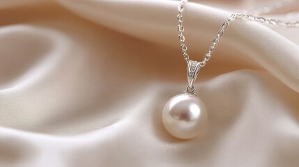 A delicate pearl pendant hanging from a fine silver chain, displayed on a soft satin background.