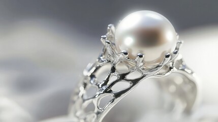A detailed close-up of a pearl ring, set in platinum, reflecting light in intricate facets.