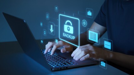 Hands typing on laptop with backup security interface in dark environment.