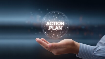 Man holding a glowing sphere labeled 'Action Plan' against a dark background.