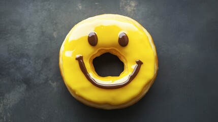 A donut iced with bright yellow glaze and decorated to look like a smiley face.