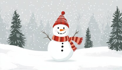 Charming Snowman in a Red and White Striped Scarf Surrounded by Pine Trees