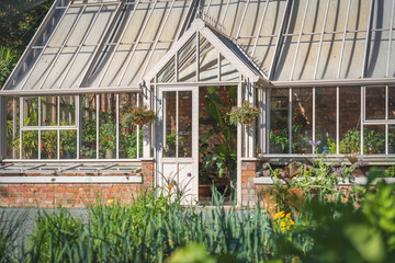 A Victorian style greenhouse in a formal walled garden on an English estate