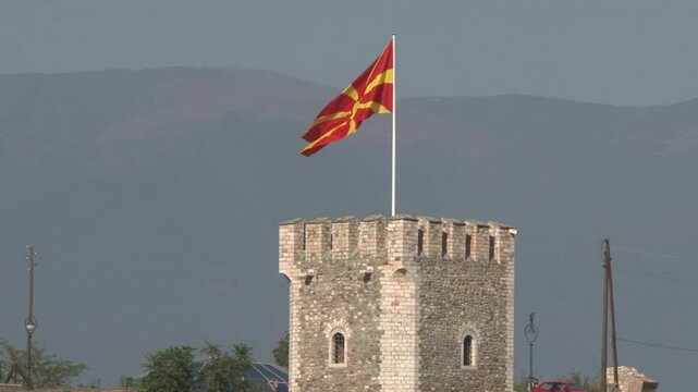 Macedonian flag flying on tower over Skopje fortress, Macedonia