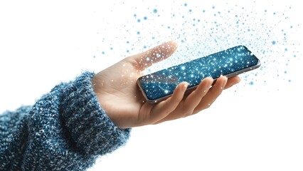Hand Holding Smartphone with Magical Digital Particles