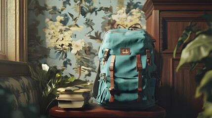 Capturing the Excitement of Travel with a Vibrant Backpack Surrounded by Elegant Wallpaper
