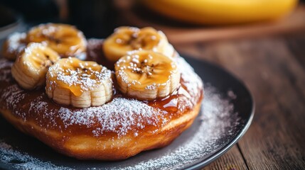 A donut topped with caramelized bananas and a dusting of powdered sugar, creating a delicious breakfast treat.