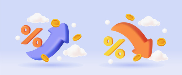 Percent arrow icon set. Set of advertising posters with percent sign, coins, up and down arrows. Price increase and decrease. Finance and Economics. 3D vector illustration in plasticine style