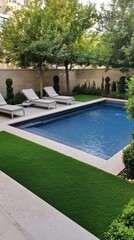 Fototapeta premium This serene poolside garden features large planters, low hedges, and comfortable lounges, creating a tranquil retreat next to the elegant house and lush greenery