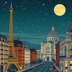 Paris Night Eiffel Tower Midnight Scene, Stars Reflection on Wet Street