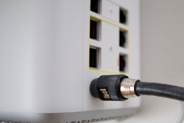 close-up of connectors and wires for data transmission in a router