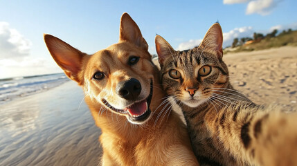 Happy dog and cat snapping a selfie on the beach.