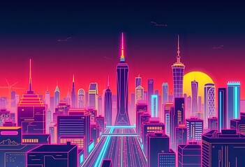 Fototapeta premium Surreal New York City Skyline at Dusk - Glowing Blue Tower