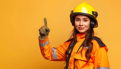 Woman in a yellow jacket with a helmet on her head. She is giving a thumbs up