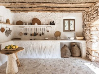 Rustic Mediterranean Kitchen with Natural Materials and Stone Walls