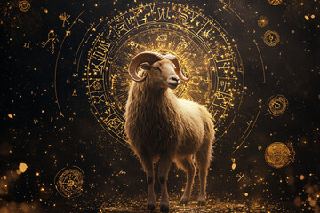 A majestic ram surrounded by illuminated golden astrological symbols and constellations, symbolizing Aries in astrology within a cosmic and mystical setting

