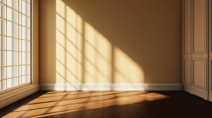 An empty room with warm beige and brown walls is bathed in sunlight from a window framing a view of a tree-lined courtyard. Concept minimalist setting for decor or product display.