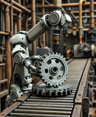 Industrial Assembly Line with Removed Gear Wheel on Rusty Track