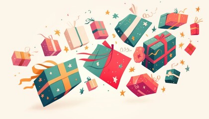 Festive Flat Illustration of Colorful Gift Boxes Floating in the Air, Perfect for Holiday Marketing Materials.

