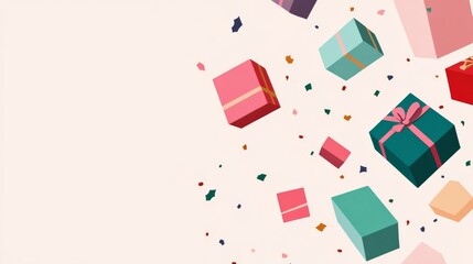 Festive Flat Illustration of Colorful Gift Boxes Floating in the Air, Perfect for Holiday Marketing Materials.

