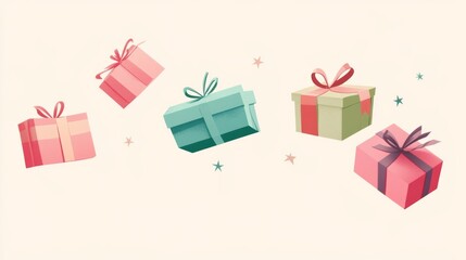 Festive Flat Illustration of Colorful Gift Boxes Floating in the Air, Perfect for Holiday Marketing Materials.

