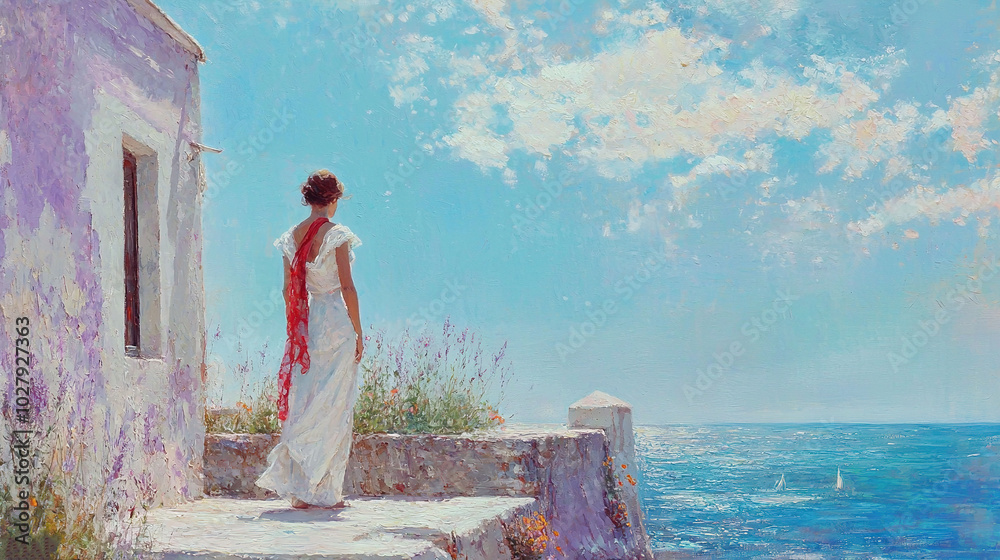 Poster   A portrait of a female figure atop a precipice, gazing out over an expanse of water, featuring a vessel in the background