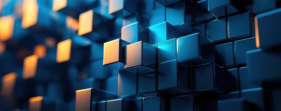 Fototapeta 3D cubes with a blue glow floating against a dark background, creating a futuristic and digital technology concept with a sense of innovation and virtual reality.
