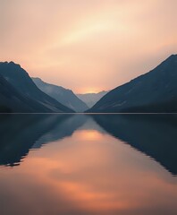 Fototapeta premium Majestic Mountain Lake Sunset with lone figure - AI Generated