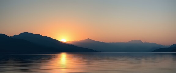 Fototapeta premium Serene Sunset over tranquil lake amidst mountains - Natures Beauty in Widescreen (21:9)