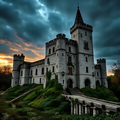Obraz premium Majestic Sunset Castle, Historic Architecture Stock Photo (1:1)