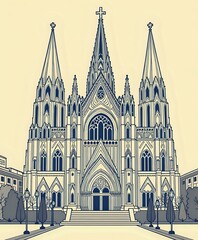 Fototapeta premium Gothic Cathedral with Towering Spires, Religious Cross atop