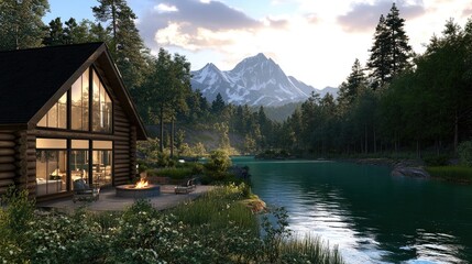 Obraz premium Nestled in the mountains, the log cabin boasts large windows facing the tranquil lake, surrounded by lush greenery and lit by a welcoming fireplace for a romantic atmosphere